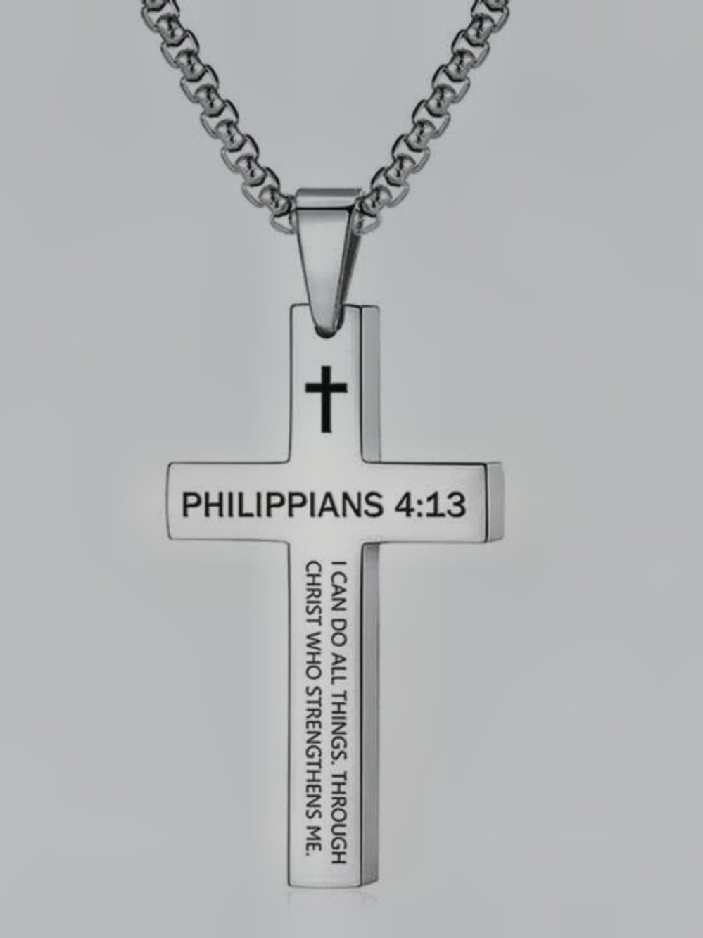 Philippians 4:13 Stainless Cross Necklace - Silver Inspirational Pendant
